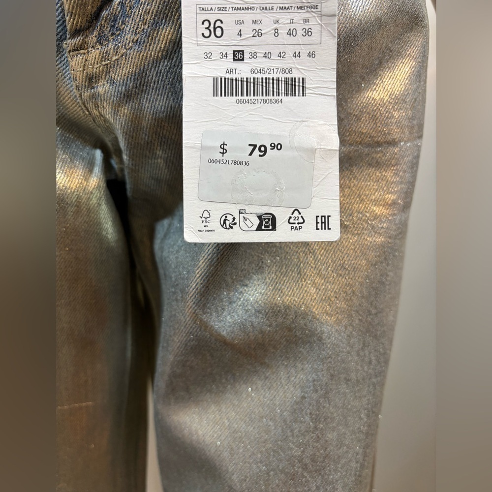 NWT ZARA MID WAIST TRF WIDE LEG FOIL WOMEN JEANS Size 4 - Picture 10 of 15